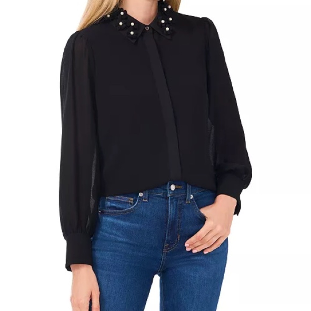 CeCe Women's Floral-Appliqué Collared Long-Sleeve Blouse